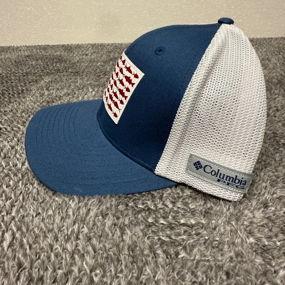Columbia Unisex PFG L XL Blue White Trucker Hat American Flag Fish Flexfit